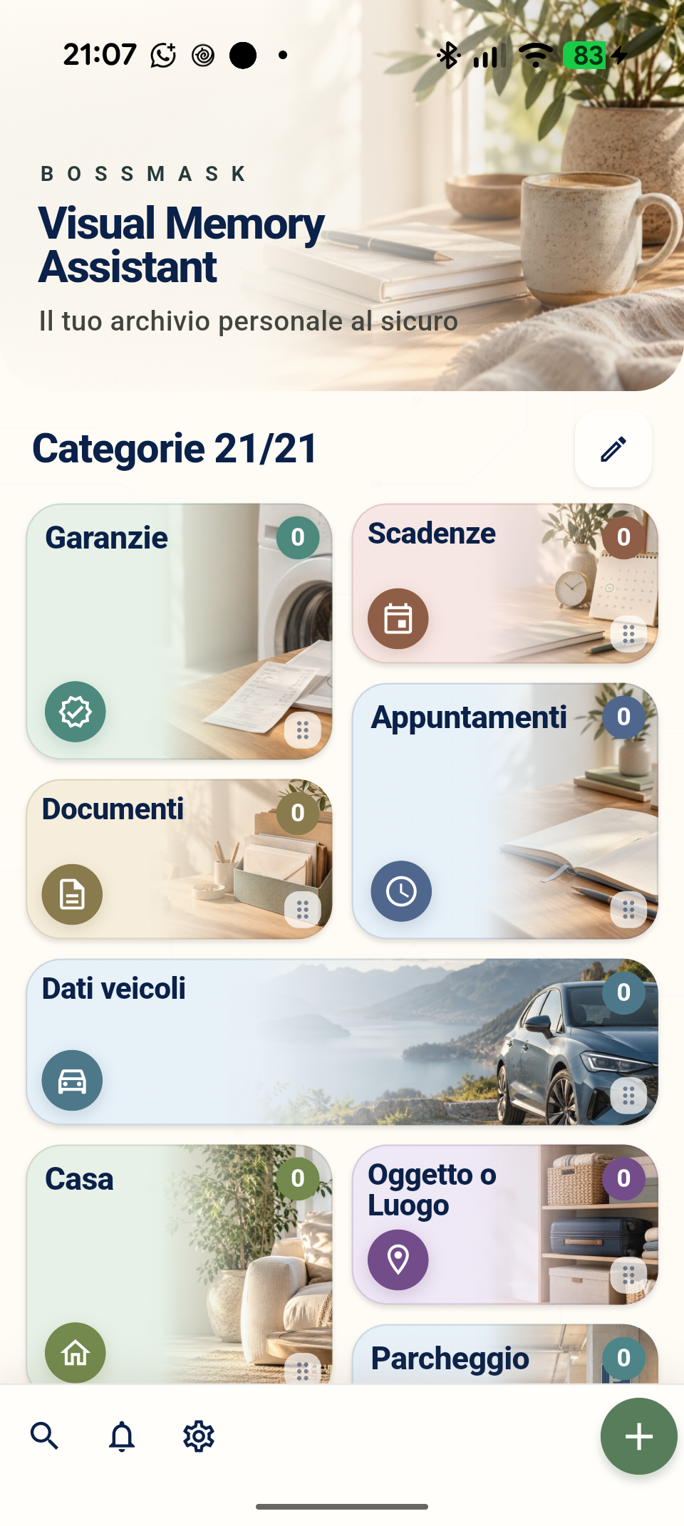 Nuova schermata iniziale di Visual Memory Assistant con categorie fotografiche